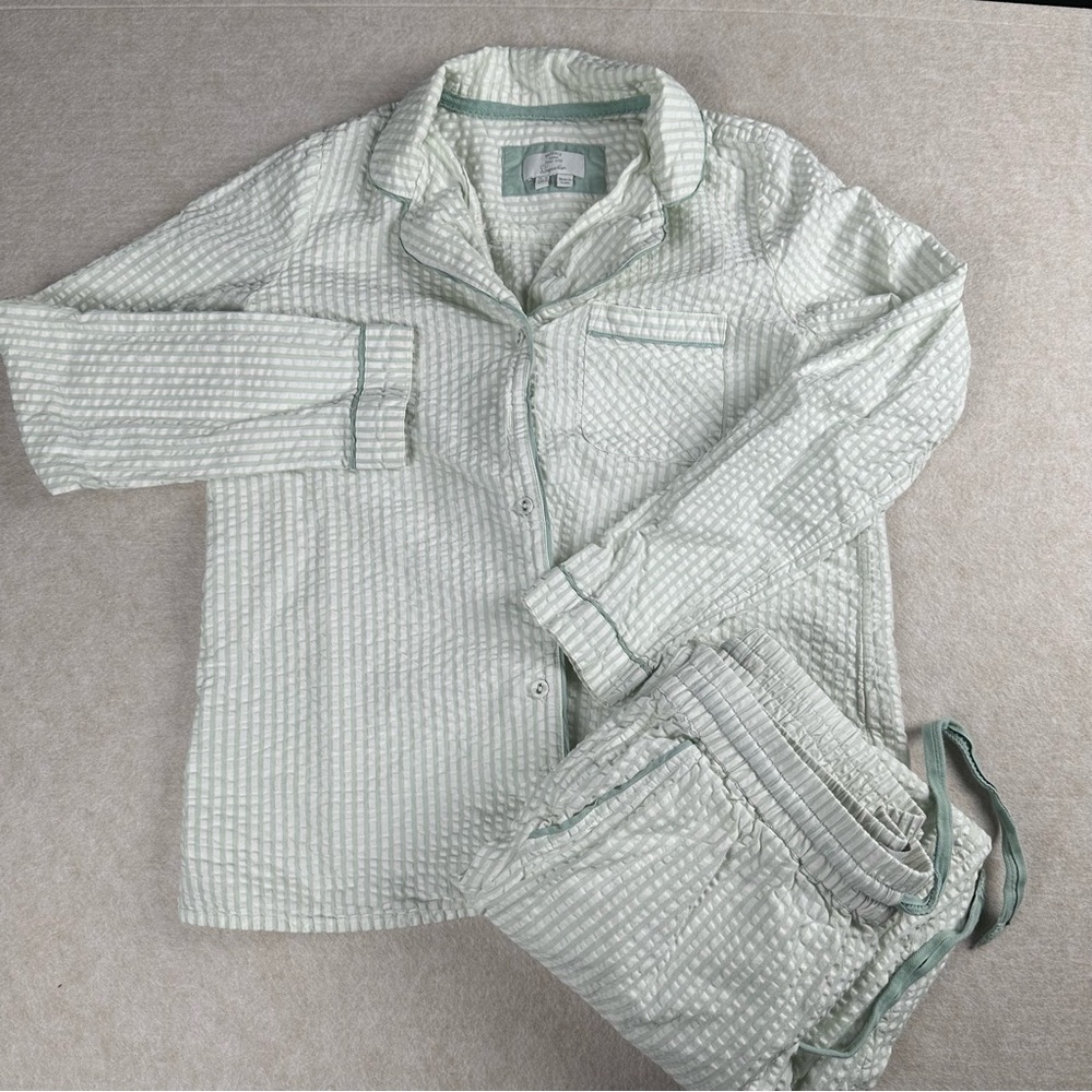 Vintage 100% Cotton Green Striped Button Up Top & Long Pants PJ Set Size 6